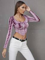 Asymmetrical Long Sleeve Tie Dye Sexy Women Tops, Blouses  Tee 2664