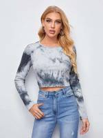 Casual Long Sleeve Crop Tie Dye Women T-Shirts 3226