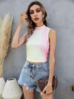 Casual Stand Collar Multicolor Ombre Women Tank Tops  Camis 3519