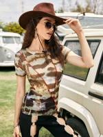 Tie Dye Casual Regular Round Neck Women Tops, Blouses  Tee 486