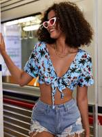 All Over Print Tie Front Boho Women Tops 4916