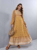 Round Neck Mustard Yellow Floral Cut Out Maternity Dresses 317