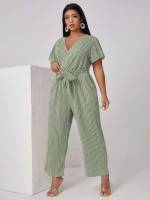 Casual Short Sleeve V neck Long Plus Size Jumpsuits  Bodysuits 1412