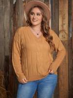 Casual V neck Mustard Yellow Long Sleeve Plus Size Sweaters 268