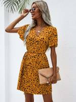 Mustard Yellow Belted Short Sleeve All Over Print Women Clothing 244