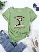 Cartoon Round Neck Mustard Yellow Women T-Shirts 51