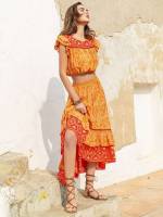 Round Neck Floral Boho Mustard Yellow Women Two-piece Outfits 4963