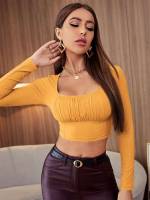 Mustard Yellow Scoop Neck Crop Women Tops, Blouses  Tee 5262