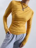 Mustard Yellow Basics Funnel Neck Women Clothing 779