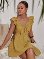 Cap Sleeve Mustard Yellow Short Ruffle Women Clothing 4982