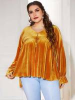 Regular Plain Ruffle Hem Mustard Yellow Plus Size Tops 9621