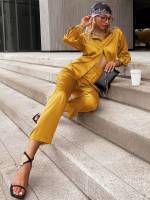 Casual Mustard Yellow Plain Women Clothing 4063