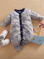 Round Neck Navy Blue Long Sleeve Button Front Baby Clothing 7467