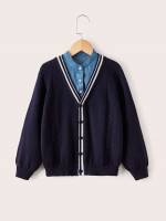 Regular Button Front Long Sleeve Colorblock Boys Cardigans 5823