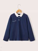 Polo Navy Blue Contrast Collar Long Sleeve Kids Clothing 7098