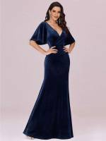 Regular Fit Navy Blue Plain V neck Bridesmaid Dresses 4385