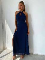 Navy Blue Plain Split Thigh Maxi Weddings  Events 572