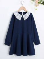 Navy Blue Regular Fit Contrast Collar Colorblock Girls Clothing 8313