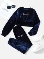 Navy Blue Round Neck Embroidery Casual Girls Clothing 5776