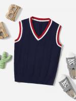 Navy Blue Sleeveless V neck Regular Toddler Boys Knitwear 26