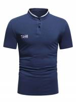 Navy Blue Letter Regular Fit Short Sleeve Men Polo Shirts 9523