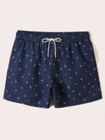 Drawstring Vacation Plants Navy Blue Men Beach Shorts 8802