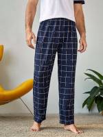 Navy Blue  Plaid Men Loungewear Bottoms 5143