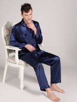 Navy Blue Long Sleeve Lapel Underwear  Sleepwear 3169