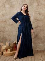 Navy Blue V neck Plain Maxi Plus Size Bridesmaid Dresses 845