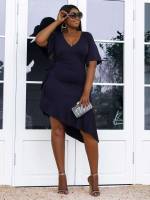 Short Sleeve Asymmetrical Navy Blue Regular Fit Plus Size Dresses 7574