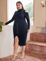 Slim Fit Beaded Long Navy Blue Plus Size Knitwear 6954