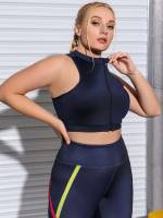 Plain  Stand Collar Plus Size Sports Tops 7614