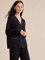 Navy Blue Lapel Women Sleep  Lounge 5529