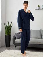 Navy Blue Plain Long Sleeve Men Loungewear Sets 5617