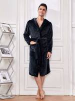  Navy Blue Plain Long Sleeve Men Loungewear Robes 2317