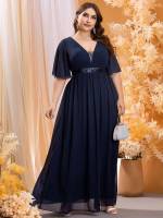 Maxi Navy Blue Deep V Neck Half Sleeve Wedding  Special 3302