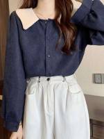 Contrast Collar Regular Fit Casual Navy Blue Women Tops, Blouses  Tee 2149