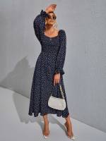 Long Sleeve Ditsy Floral Regular Fit Navy Blue Women Dresses 8854