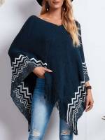 Chevron Fringe Navy Blue Long Women Knitwear 1559