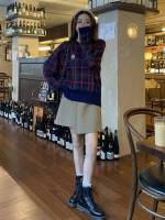  Patched Round Neck Plaid Women Knitwear 1551