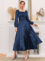 Square Neck Long Sleeve Navy Blue Glamorous Women Dresses 7317