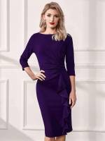 Navy Blue Plain Ruffle Regular Fit Women Dresses 5962