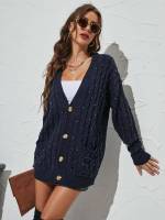 Short Deep V Neck Regular Fit Navy Blue Women Cardigans 6516