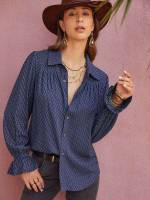 Long Sleeve All Over Print Navy Blue Boho Women Tops, Blouses  Tee 912