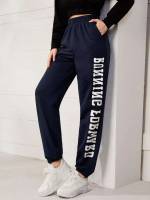 Navy Blue Slogan Regular Fit Pocket Women Clothing 104