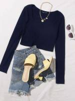  Slim Fit Crop Navy Blue Women Clothing 1621