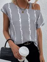 Regular Fit Asymmetrical Striped Short Sleeve Women T-Shirts 7752