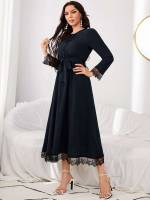 Navy Blue Contrast Lace Plain Elegant Women Dresses 5935