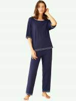 Striped Casual Contrast Binding Navy Blue Women Sleep  Lounge 4136