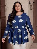 Long Navy Blue Floral Plus Size Tops 2869